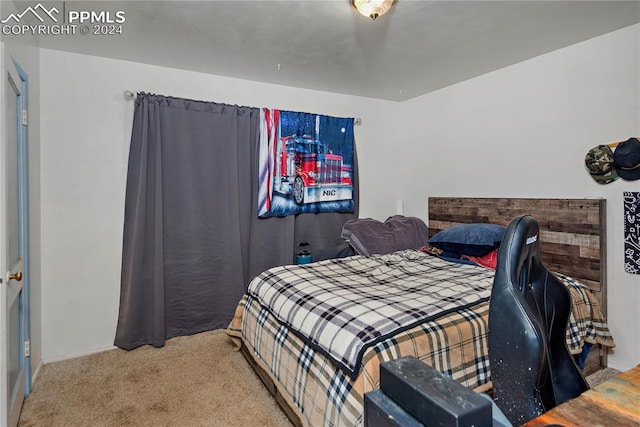 bedroom featuring light carpet