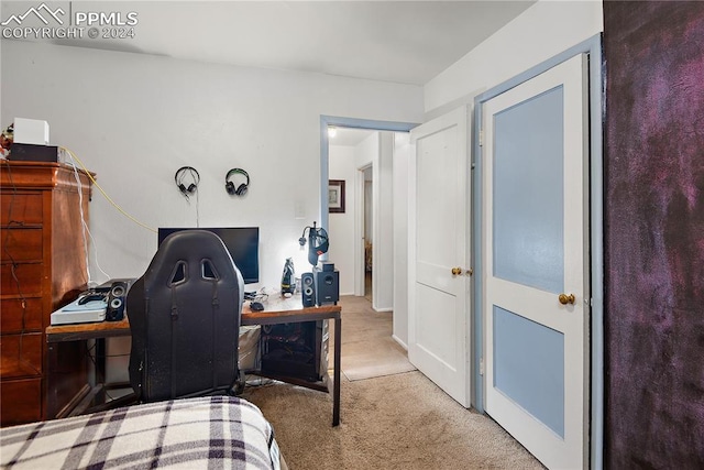 bedroom with light carpet