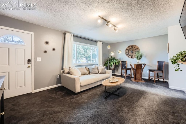 living room featuring a textured ceiling and dark carpet