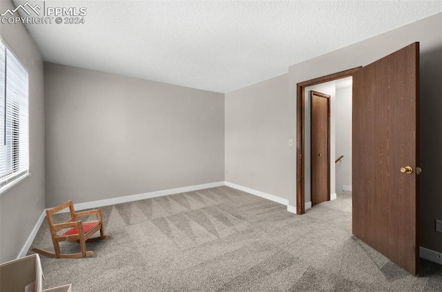 unfurnished room featuring light colored carpet and a textured ceiling