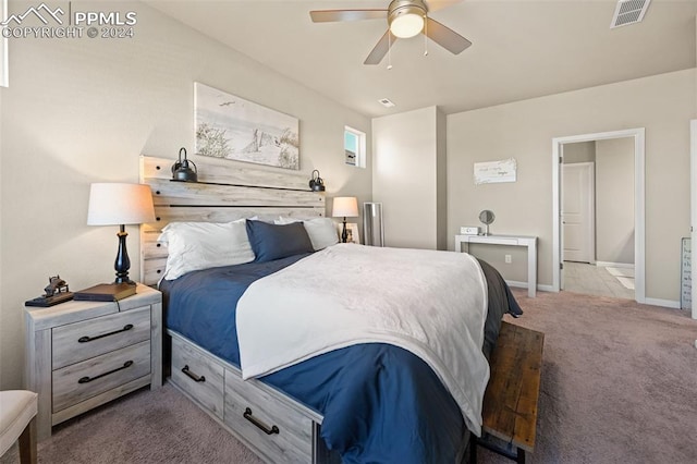 bedroom featuring light carpet and ceiling fan