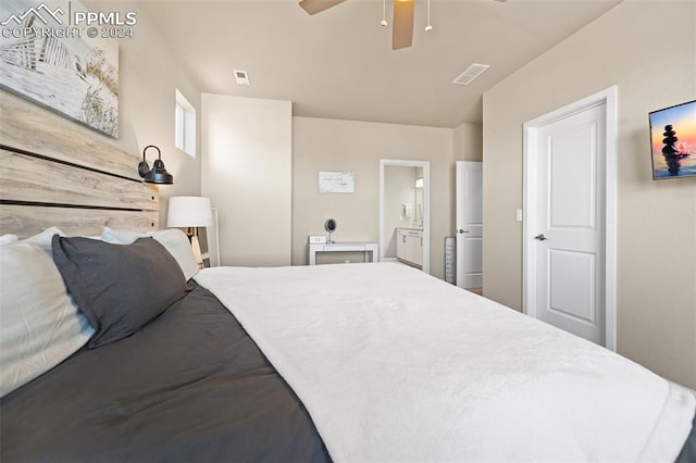 bedroom with ceiling fan and ensuite bathroom