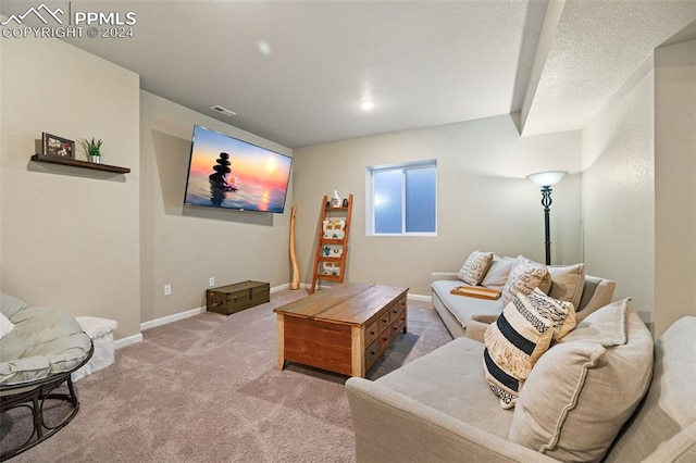 living room with light carpet and a textured ceiling