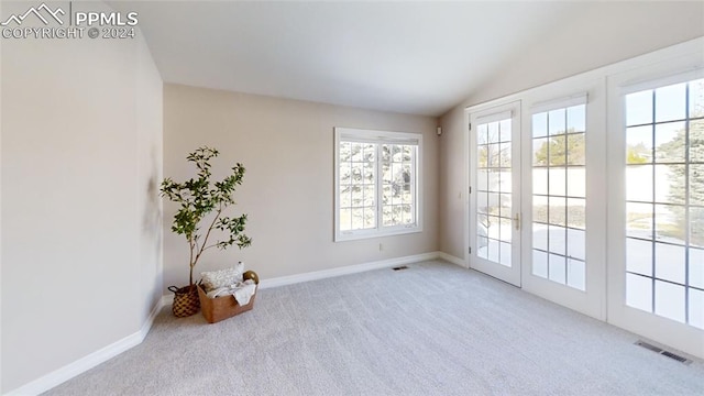 spare room with light carpet and lofted ceiling