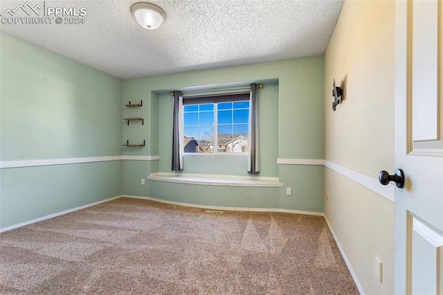 carpeted empty room with a textured ceiling