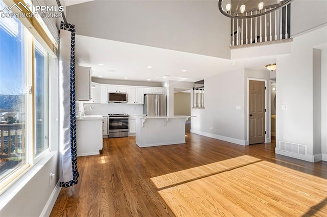 kitchen featuring appliances with stainless steel finishes, sink, hardwood / wood-style floors, a center island, and white cabinetry