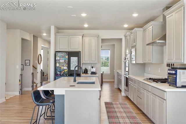 kitchen with light wood-type flooring, sink, an island with sink, and stainless steel appliances