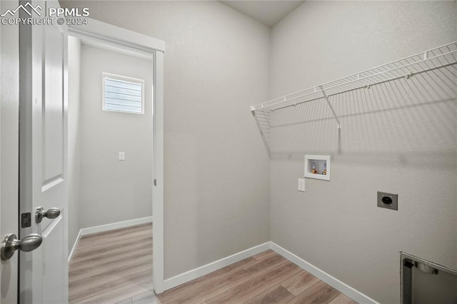 washroom with hookup for an electric dryer, light hardwood / wood-style floors, and washer hookup