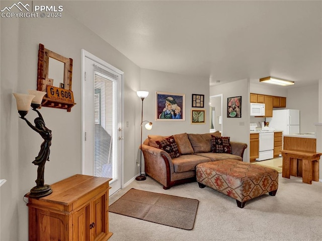 living room with light colored carpet