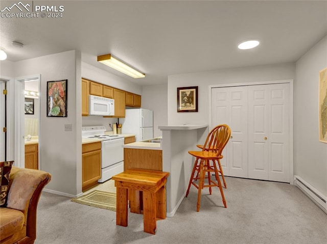 kitchen featuring a breakfast bar, white appliances, light colored carpet, and baseboard heating