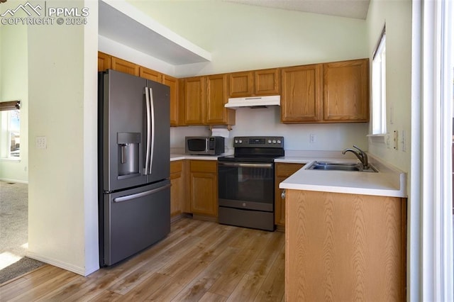 kitchen with light wood-type flooring, stainless steel appliances, lofted ceiling, and sink