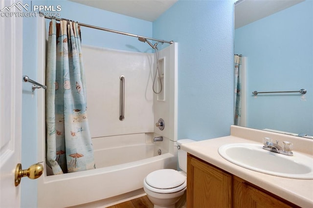 full bathroom with wood-type flooring, vanity, toilet, and shower / bathtub combination with curtain