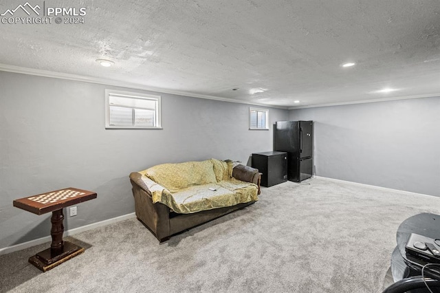 living room featuring crown molding, light colored carpet, and a textured ceiling