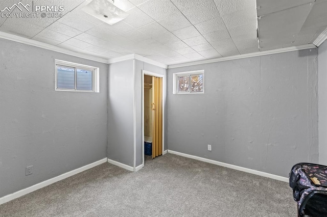 basement with carpet floors and ornamental molding