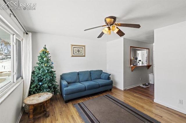 living room with a healthy amount of sunlight, ceiling fan, and wood-type flooring