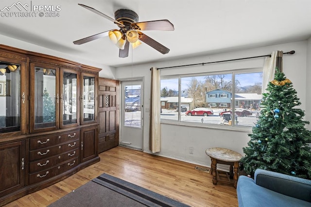 living area with light hardwood / wood-style floors and ceiling fan