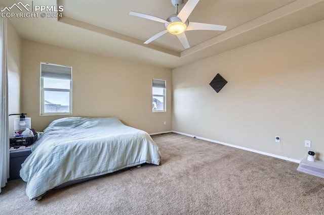 bedroom featuring a tray ceiling, carpet flooring, and ceiling fan