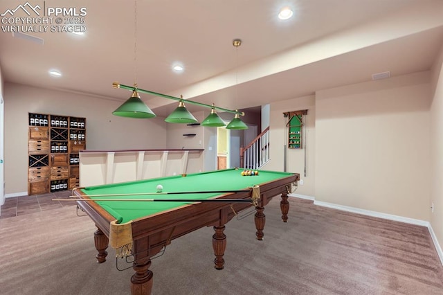 game room featuring carpet floors and pool table