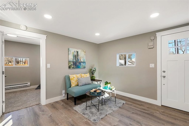 entryway featuring wood-type flooring, baseboard heating, and a healthy amount of sunlight