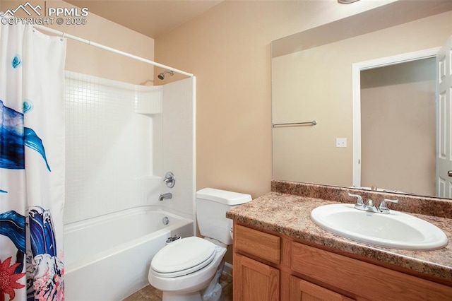 full bathroom with toilet, shower / bath combination with curtain, and vanity