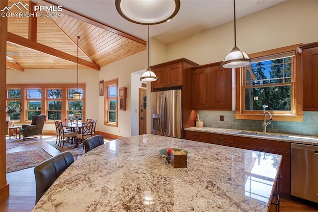 kitchen with sink, wooden ceiling, tasteful backsplash, pendant lighting, and appliances with stainless steel finishes