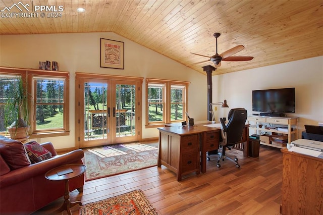 office with ceiling fan, french doors, light hardwood / wood-style flooring, lofted ceiling, and wood ceiling