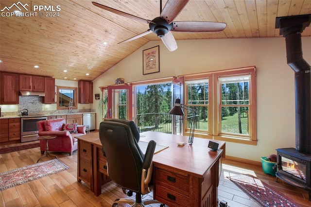 office area with wooden ceiling, a wood stove, sink, and light hardwood / wood-style flooring