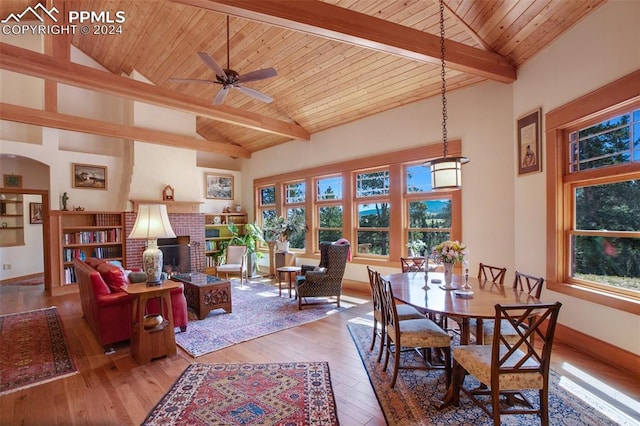 interior space with ceiling fan, wooden ceiling, high vaulted ceiling, a fireplace, and hardwood / wood-style flooring