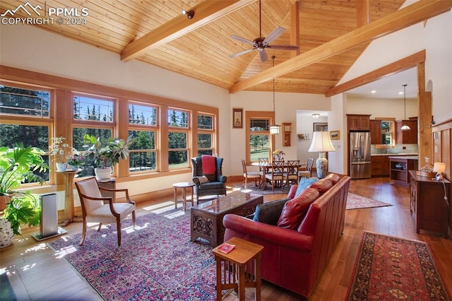 living room with wooden ceiling, dark wood-type flooring, high vaulted ceiling, ceiling fan, and beam ceiling