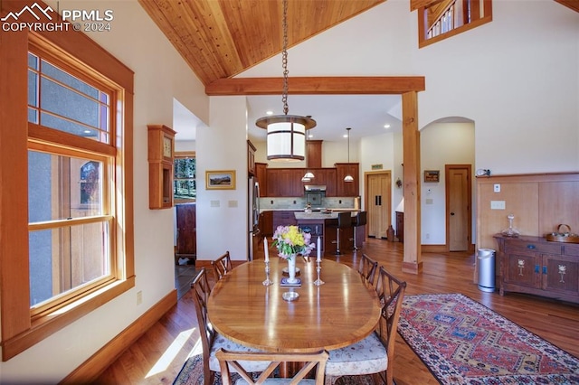 dining area with hardwood / wood-style flooring, wood ceiling, and high vaulted ceiling