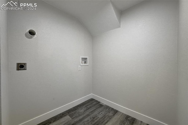 clothes washing area featuring electric dryer hookup, hookup for a washing machine, and dark wood-type flooring