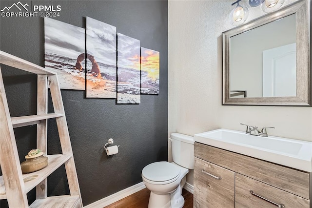 bathroom with vanity, wood-type flooring, and toilet