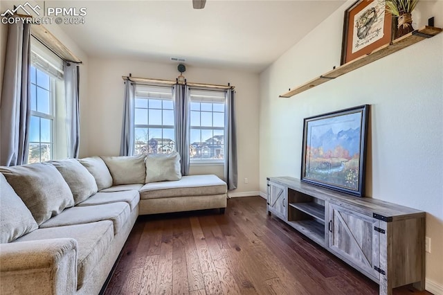 living room featuring plenty of natural light and dark hardwood / wood-style floors