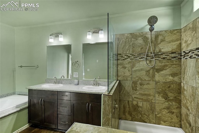 bathroom with ornamental molding, separate shower and tub, and vanity