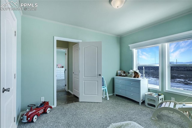 carpeted bedroom with ornamental molding