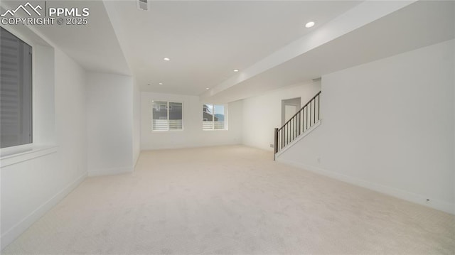 interior space with recessed lighting, carpet flooring, baseboards, and stairs