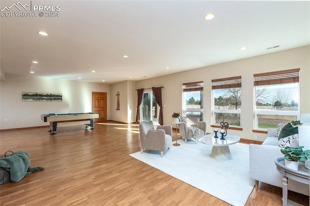 living room featuring light wood-type flooring and pool table