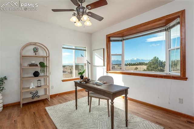 office space with ceiling fan and light hardwood / wood-style floors