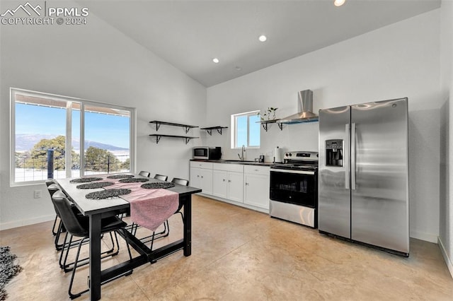 kitchen with sink, wall chimney exhaust hood, a healthy amount of sunlight, and appliances with stainless steel finishes