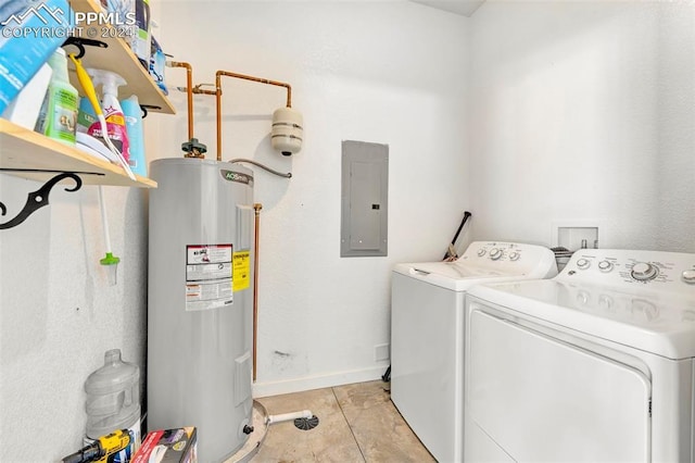 washroom featuring washer and clothes dryer, light tile patterned flooring, electric panel, and water heater