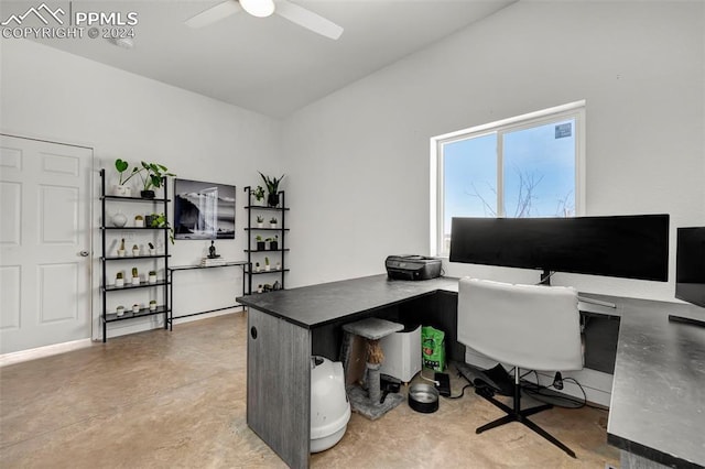 office area featuring ceiling fan and lofted ceiling