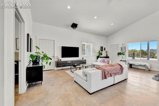 living room featuring lofted ceiling and a healthy amount of sunlight