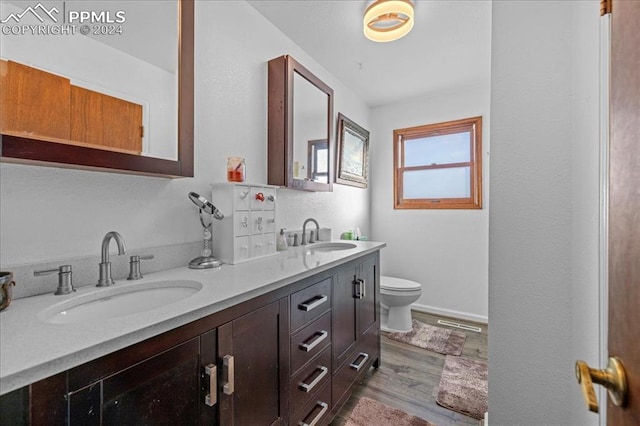 bathroom with wood-type flooring, vanity, and toilet