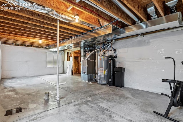 basement with heating unit and water heater