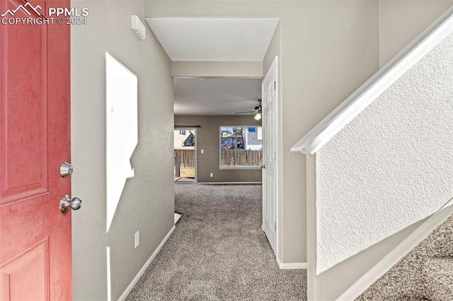 interior space with ceiling fan and carpet floors