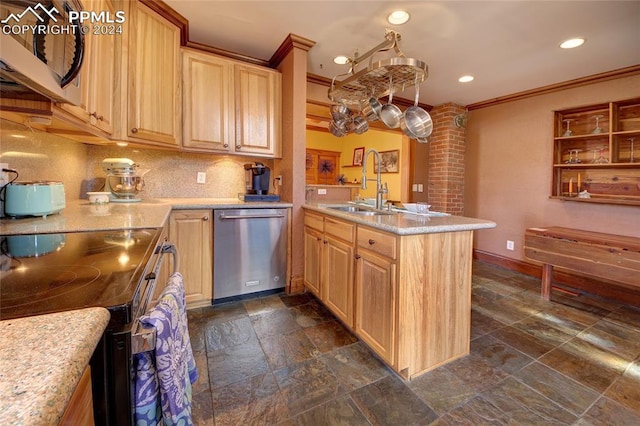 kitchen with light brown cabinetry, sink, stainless steel dishwasher, and electric range oven