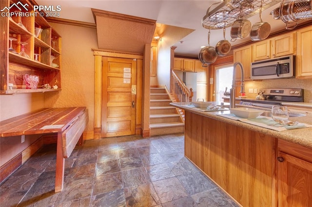 kitchen with light brown cabinets, ornamental molding, and appliances with stainless steel finishes