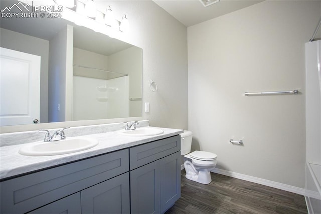 bathroom with wood-type flooring, vanity, and toilet