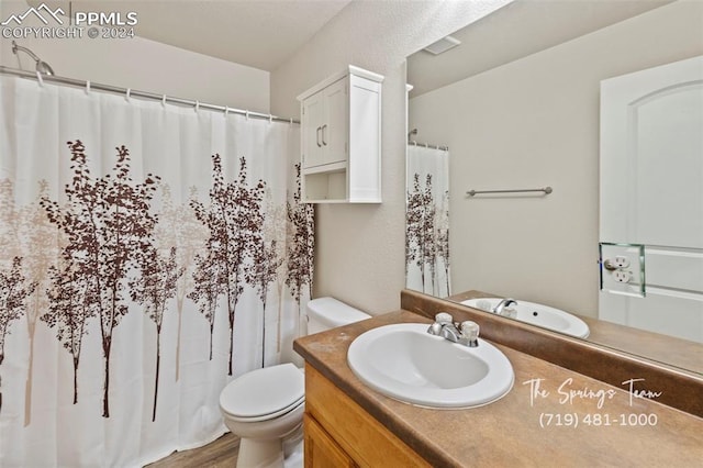 bathroom with hardwood / wood-style floors, vanity, and toilet