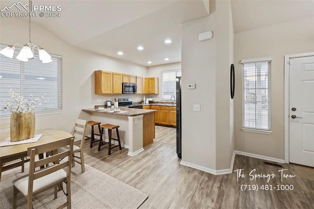 kitchen featuring a healthy amount of sunlight, light wood-type flooring, kitchen peninsula, and appliances with stainless steel finishes